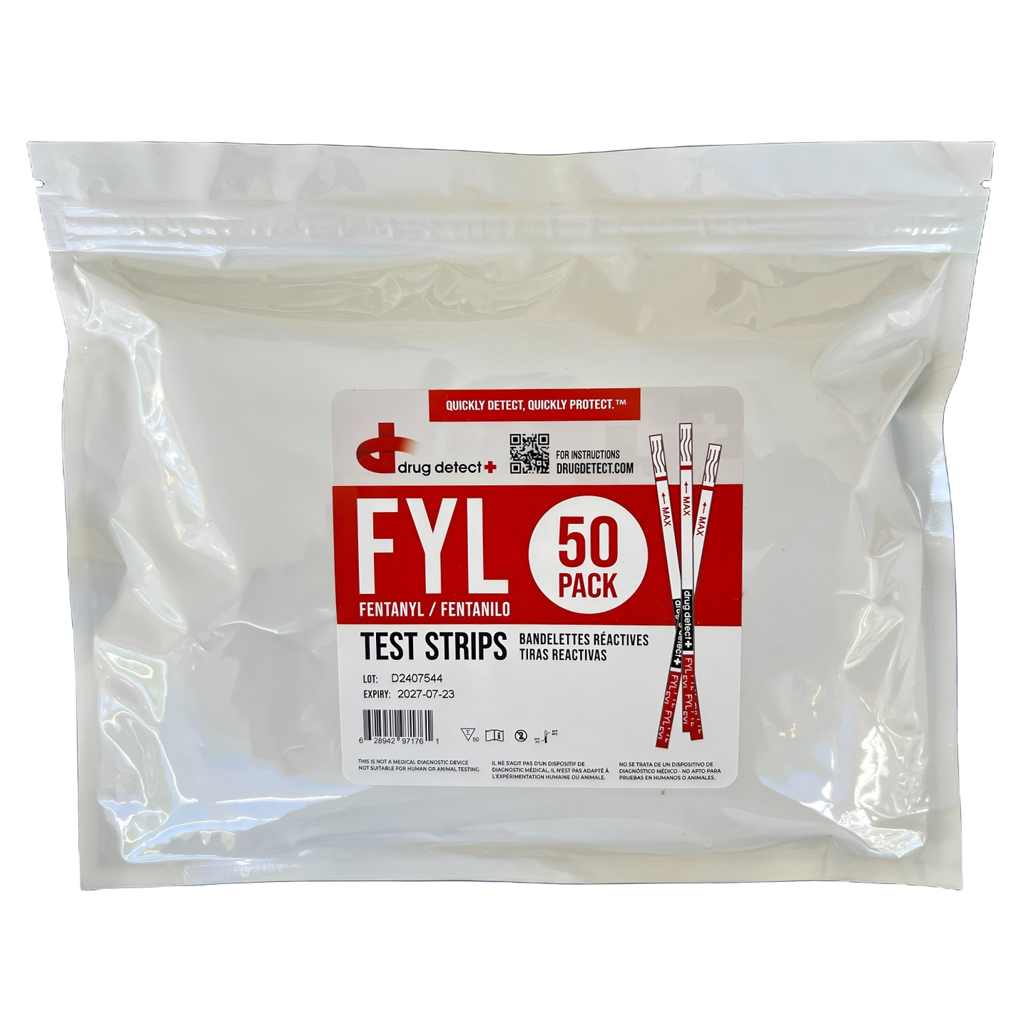 Drug Detect Fentanyl (FYL) Test Strips 50-pack (Individual Pouches)