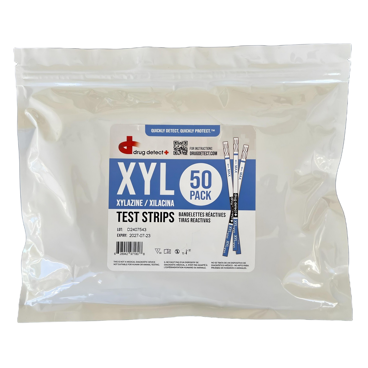 Drug Detect Xylazine (XYL) Test Strips 50-pack (Individual Pouches)